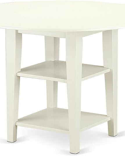 East West Furniture SUDA3-LWH-W 3 Piece Dining Room Table Set Contains a Round Dining Table with Dropleaf & Shelves and 2 Wood Seat Chairs, 42x42 Inch, Linen White - LeafyLoom