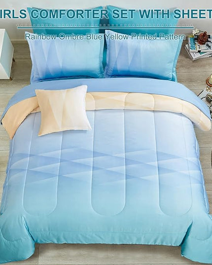Girls Comforter Set Queen Size Colorful Ombre Blue Yellow Rainbow Bedding Set 7 Pieces Bed in A Bag for Teen Girls Women(1 Comforter, 1 Flat Sheet, 1 Fitted Sheet, 2 Pillow sham, 2 Pillowcases) - LeafyLoom