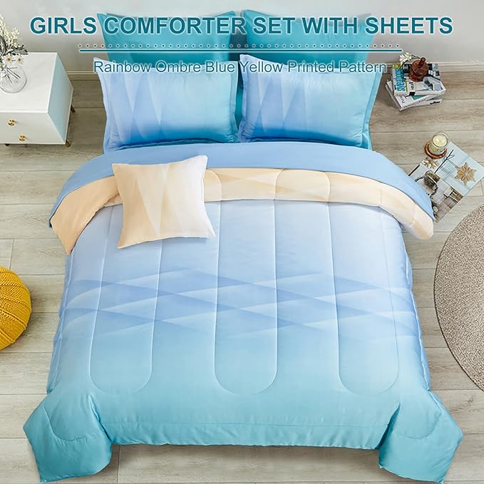 Girls Comforter Set Queen Size Colorful Ombre Blue Yellow Rainbow Bedding Set 7 Pieces Bed in A Bag for Teen Girls Women(1 Comforter, 1 Flat Sheet, 1 Fitted Sheet, 2 Pillow sham, 2 Pillowcases) - LeafyLoom