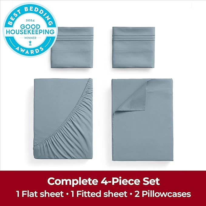 Mellanni Full Sheets Set - 4 PC Iconic Collection Bedding Sheets & Pillowcases - Hotel Luxury, Extra Soft, Cooling Bed Sheets - Deep Pocket up to 16 inch (Full, Spa Blue) - LeafyLoom