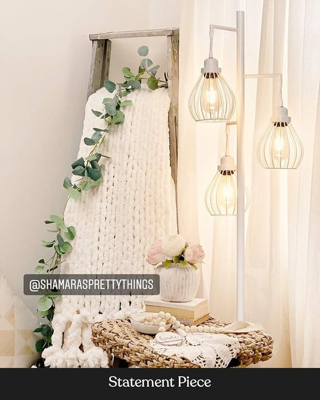 Brightech Teardrop LED Floor Lamp – Tree Standing Lamp with 3 Elegant Cage Heads & Edison Bulbs – Standing Lamp for Living Rooms & Offices – Tall Standing Lamp Ideal for Bedroom Reading – Alpine White - LeafyLoom