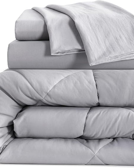 NTBAY Twin Comforter Set with Sheets, 5 Pieces Soft and Breathable Twin Bedding Set, Twin Bed in a Bag, Down Alternative Comforter Set Solid Color All Season, Kids Bedding Set, Light Grey - LeafyLoom