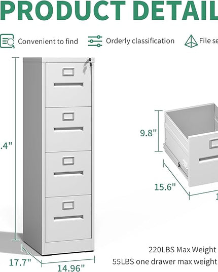 4 Drawer File Cabinet,Metal Filing Cabinets with Lock,White Vertical File Cabinet for Home Office,Heavy Duty Metal Storage Cabinet for A4/Letter/Legal Size File,Assembly Required - LeafyLoom