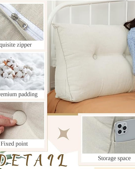 Headboard Wedge Pillow Triangular Bed Rest Reading Backrest Body Bolster Cushion Back Support Long Bolster Pillow for Bed Gifts with Removable Cover(Beige, Full (54 x 20 x 8 Inch)) - LeafyLoom