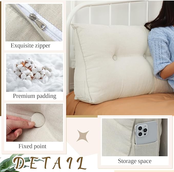 Headboard Wedge Pillow Triangular Bed Rest Reading Backrest Body Bolster Cushion Back Support Long Bolster Pillow for Bed Gifts with Removable Cover(Beige, Full (54 x 20 x 8 Inch)) - LeafyLoom