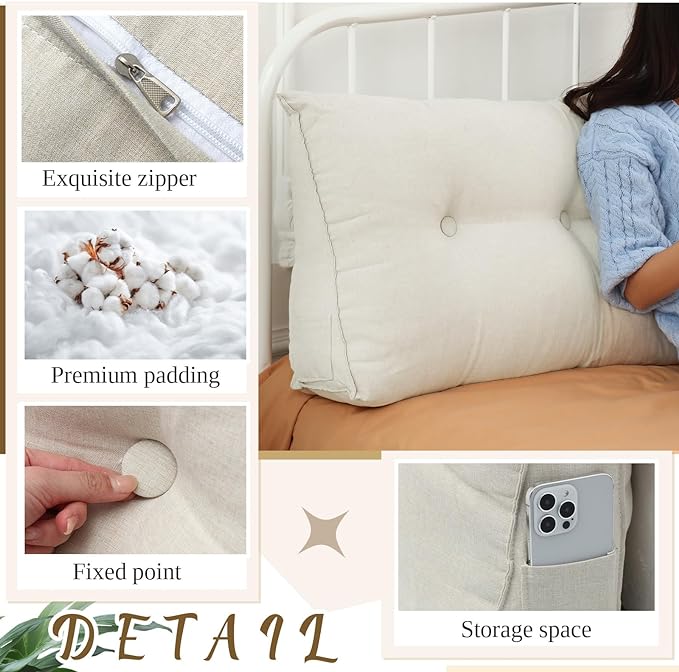 Headboard Wedge Pillow Triangular Bed Rest Reading Backrest Body Bolster Cushion Back Support Long Bolster Pillow for Bed Gifts with Removable Cover(Beige, King (79 x 20 x 8 Inch)) - LeafyLoom