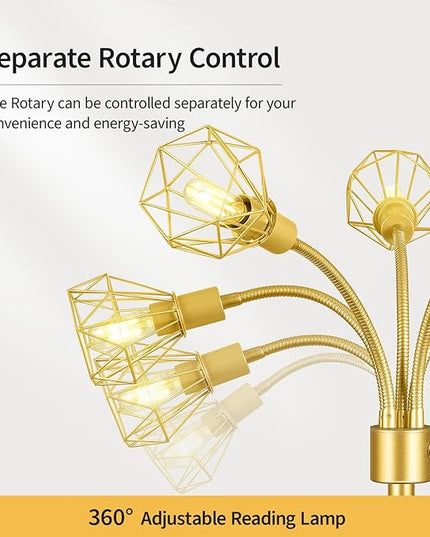 Gold Floor Lamp,Industrial Floor Lamps for Living Room,Tree Standing Lamp Bright with 5 Charm Diamond Head 2000 Lumens LED Bulbs,3 Way Switch,Modern Stand up Lamp for Bedroom Office Farmhouse - LeafyLoom
