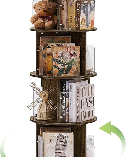 VECELO 4 Tier Revolving Bookshelf Tower, 360° Display Floor Standing Storage Rack with Acrylic Visible Window Partition for Bedroom, Living Room Home and Office, Brown - LeafyLoom