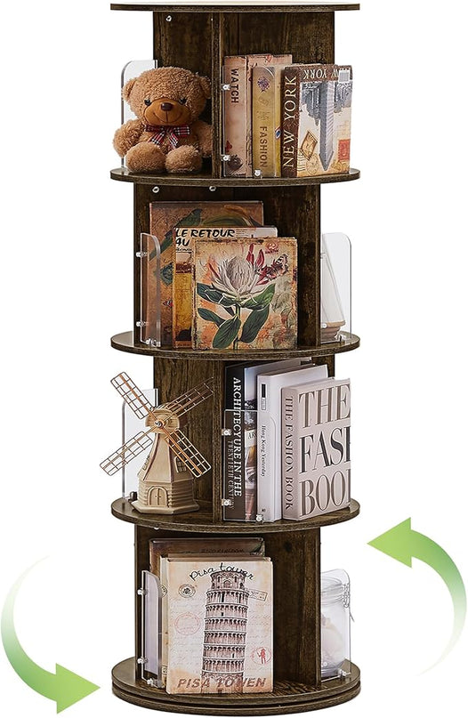 VECELO 4 Tier Revolving Bookshelf Tower, 360° Display Floor Standing Storage Rack with Acrylic Visible Window Partition for Bedroom, Living Room Home and Office, Brown - LeafyLoom