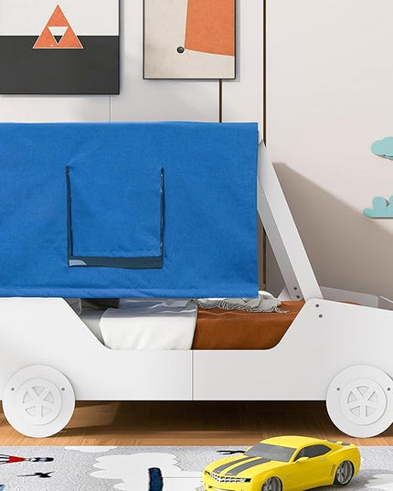 Full Size Kids Car Bed with Tent Canopy & Wheels,Wood Bedframe W/Safty Grille,Raised Base Design,Easy to Assemble,Toddler Boys Car-Shaped Bedroom Beds for Reading Playing Relaxing,White - LeafyLoom
