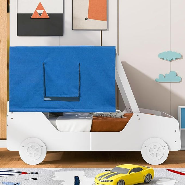 Full Size Kids Car Bed with Tent Canopy & Wheels,Wood Bedframe W/Safty Grille,Raised Base Design,Easy to Assemble,Toddler Boys Car-Shaped Bedroom Beds for Reading Playing Relaxing,White - LeafyLoom