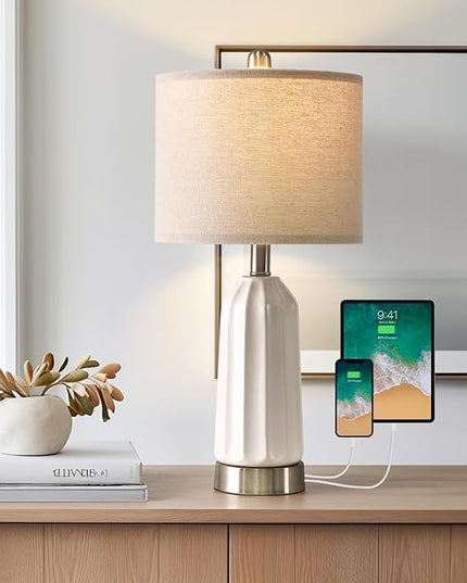 20.25" - Modern Ceramic Bedside Lamp with USB C+A Charging Ports, Table Lamp for Living Room, Bedroom, Nightstand Lamp, Farmhouse Table Lamp (White)-Single - LeafyLoom