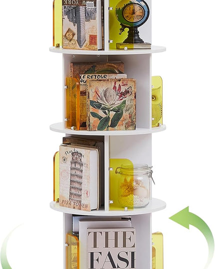 VECELO Rotating Bookshelf, 4-Tier Small Corner Display with Acrylic Window, Ideal Storage Solution for Kids and Adults in Bedrooms, Living Rooms, Space Efficient and Elegant White Design - LeafyLoom