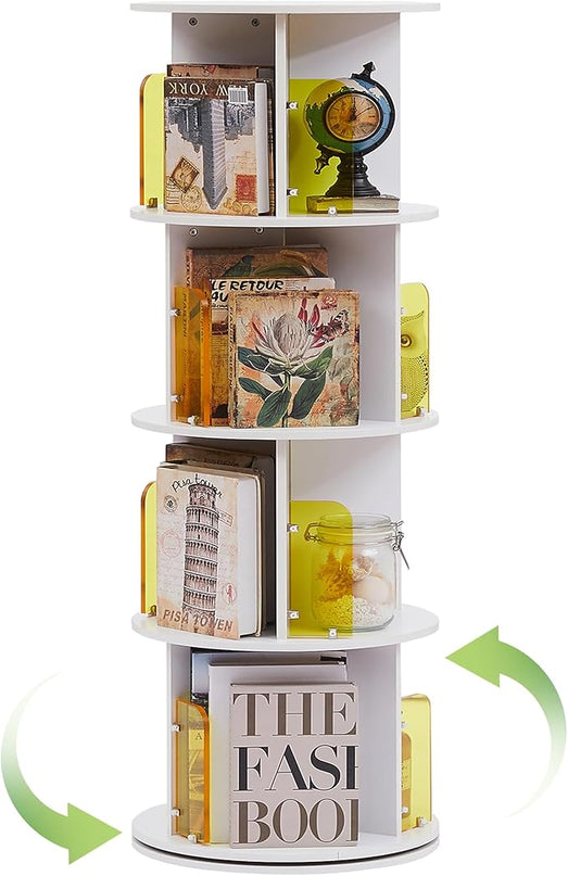 VECELO Rotating Bookshelf, 4-Tier Small Corner Display with Acrylic Window, Ideal Storage Solution for Kids and Adults in Bedrooms, Living Rooms, Space Efficient and Elegant White Design - LeafyLoom