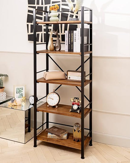 Rustic Bookshelf, 5 Tier Real Wood Bookshelf, Metal Book Shelf for Storage, Black Bookcase, 12.6" D x 23.62" W x 64.17" H - LeafyLoom