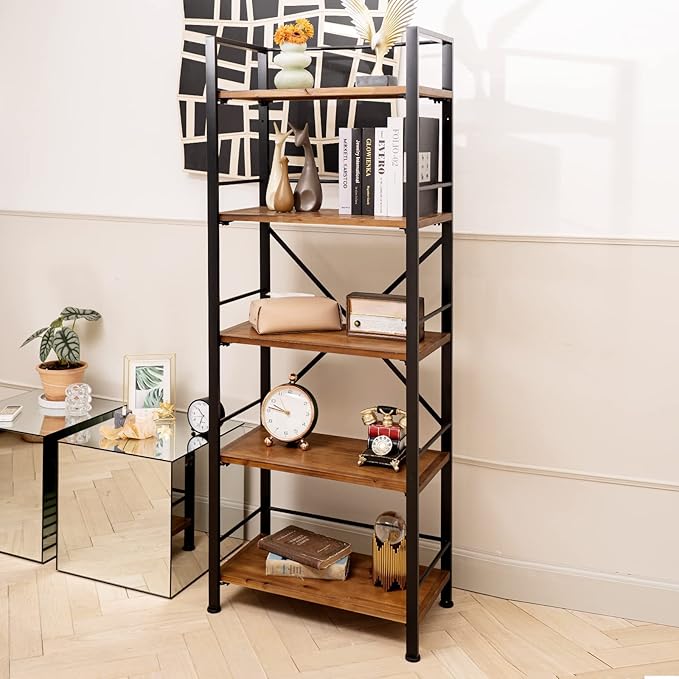 Rustic Bookshelf, 5 Tier Real Wood Bookshelf, Metal Book Shelf for Storage, Black Bookcase, 12.6" D x 23.62" W x 64.17" H - LeafyLoom