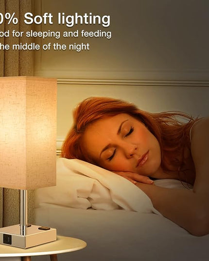 Off White Set of 2 Touch Lamp with USB Port-Nightstand Lamp with USB-C+A Charge Ports& AC Outlets, 3-Way Dimmable Bedside Lamp with Shade,Small Table Lamp for Bedroom Guest Room( Bulb Included) - LeafyLoom