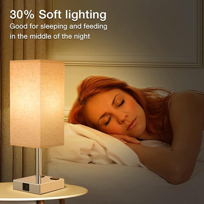 Off White Set of 2 Touch Lamp with USB Port-Nightstand Lamp with USB-C+A Charge Ports& AC Outlets, 3-Way Dimmable Bedside Lamp with Shade,Small Table Lamp for Bedroom Guest Room( Bulb Included) - LeafyLoom