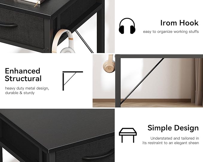ODK Small Desk with Fabric Drawers- for Bedroom, White Study Desk with Storage, Home Office Computer Desk for Small Spaces, 32 Inch Modern Work Writing Kids Table, Black - LeafyLoom
