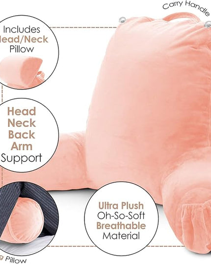 Clara Clark Reading Pillow, Large Back Pillow for Sitting Up in Bed, Memory Foam Back Support Pillow, Reading Pillows for Sitting in Bed Adult, Peach Sit Up Pillow for Bed Chair with Arms and Pockets - LeafyLoom