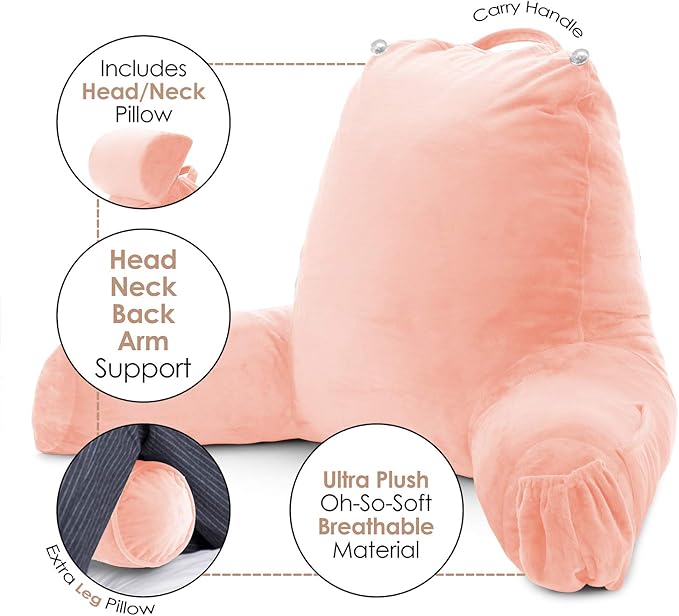 Clara Clark Reading Pillow, Large Back Pillow for Sitting Up in Bed, Memory Foam Back Support Pillow, Reading Pillows for Sitting in Bed Adult, Peach Sit Up Pillow for Bed Chair with Arms and Pockets - LeafyLoom