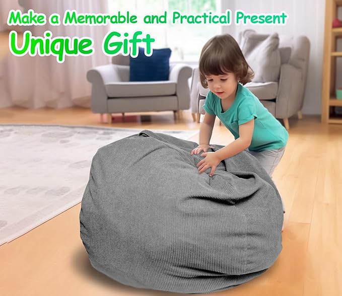 Stuffed Animal Storage Bean Bag Chair Corduroy Toy Cover Organize Plush Toys and Textiles Perfect Ultra Soft Sack Bean Bag for Kids and Teens (No Filler) Gray - LeafyLoom