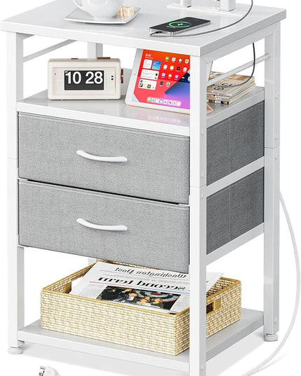 AODK Night Stand with Charging Station, End Table for Bedroom Tall Nightstand with Drawers, Small Nightstand for Bedroom, 4-Tier Storage Bedside Table, White and Light Grey - LeafyLoom