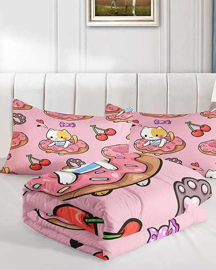 Kawaii Cat Comforter Full Size,Doughnut Cherry Cat Comforter Set for Kids Teens Girls,3Pcs Bedding Set Printed Comforter with 2 Pillowcases,Soft and Lightweight(Pink，Full Size) - LeafyLoom