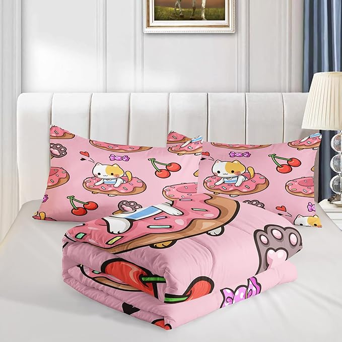 Kawaii Cat Comforter Queen Size,Doughnut Cherry Cat Comforter Set for Kids Teens Girls,3Pcs Bedding Set Printed Comforter with 2 Pillowcases,Soft and Lightweight(Pink，Queen Size) - LeafyLoom