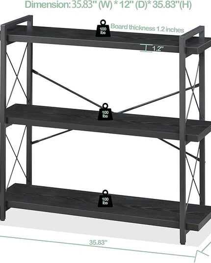HCHQHS Bookshelf, 3-Tier Industrial Bookcase, Black Open Book Shelf, Freestanding Horizontal Bookshelves with Metal Frame - LeafyLoom