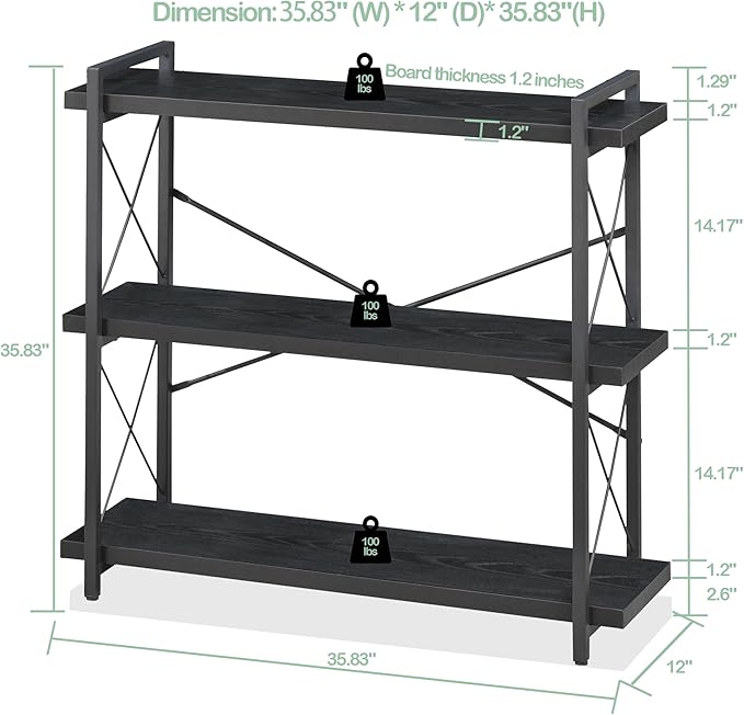 HCHQHS Bookshelf, 3-Tier Industrial Bookcase, Black Open Book Shelf, Freestanding Horizontal Bookshelves with Metal Frame - LeafyLoom