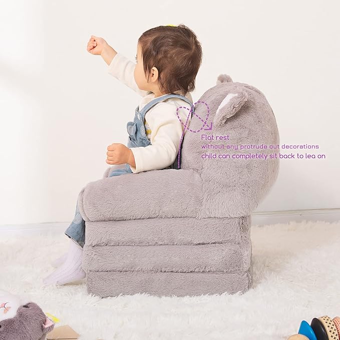 Kids Couch Fold Out Soft Toddler Chairs,Toddler Armrest Chair Bed for Play,Gift for 0-3 Years,Grey Kitty - LeafyLoom