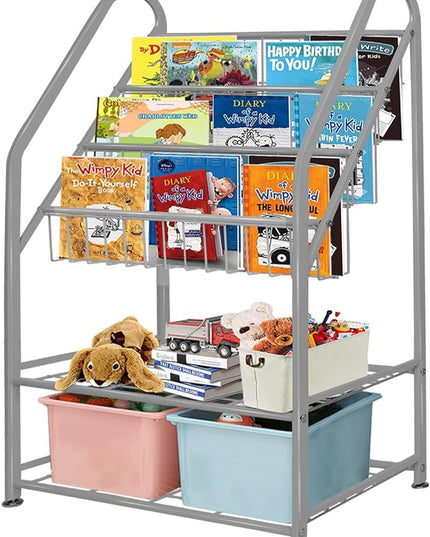 aboxoo Metal Kids Bookshelf Grey Toy Chests & Organizers Large Freestanding for Children Toy Chests & OrganizersRoom 25 in Toy Organizer Large Stable Bookcase Bookstore Library Bed Living Room - LeafyLoom