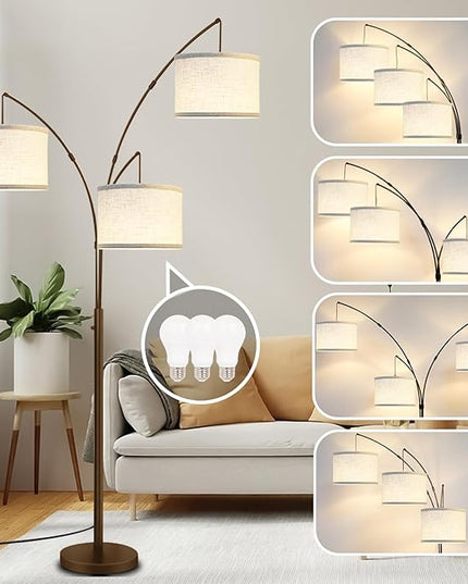 Arc Floor Lamps for Living Room,Modern Mid Century Tall Standing Floor Lamp with Heavy Base for Bedroom Office,3-Light Floor Lamp with Adjustable Hanging and 3 LED Bulbs (Brown+Beige Shade) - LeafyLoom
