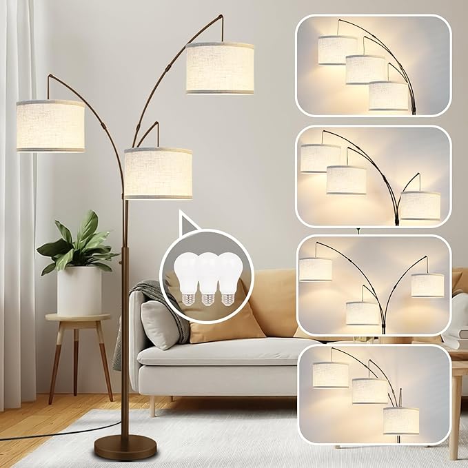 Arc Floor Lamps for Living Room,Modern Mid Century Tall Standing Floor Lamp with Heavy Base for Bedroom Office,3-Light Floor Lamp with Adjustable Hanging and 3 LED Bulbs (Brown+Beige Shade) - LeafyLoom