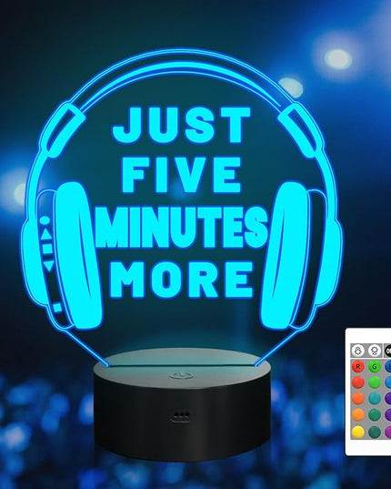 Attivolife Just Five Minutes More Night Light, Headphone Graphic Video Games Gamer Room Decor, Funny Gift 3D Illusion Lamp 16 Colors Changing Touch & Remote Control for Men Teenagers Kids - LeafyLoom