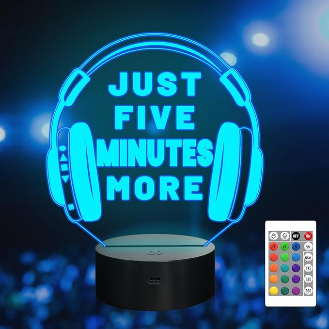 Attivolife Just Five Minutes More Night Light, Headphone Graphic Video Games Gamer Room Decor, Funny Gift 3D Illusion Lamp 16 Colors Changing Touch & Remote Control for Men Teenagers Kids - LeafyLoom