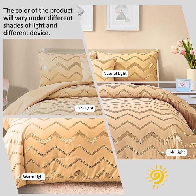Yellow Gold Comforter Set Twin Size Metallic Bedding Set for Girls Lightweight Microfiber Comforter Set,3 Piece (1 Matching Sham + 1 Decorative Pillow) - LeafyLoom