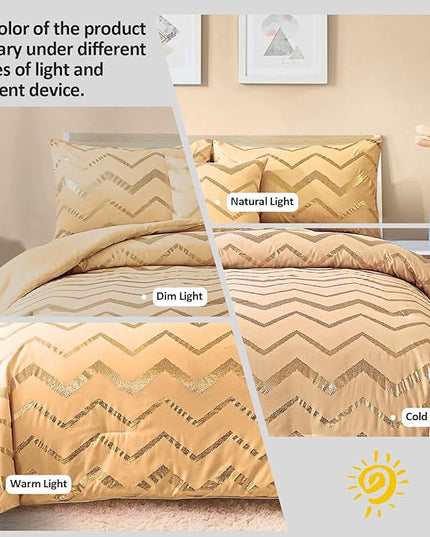 Yellow Gold Comforter Set Queen Size Metallic Bedding Set for Girls Lightweight Microfiber Comforter Set,4 Piece (2 Matching Sham + 1 Decorative Pillow) - LeafyLoom