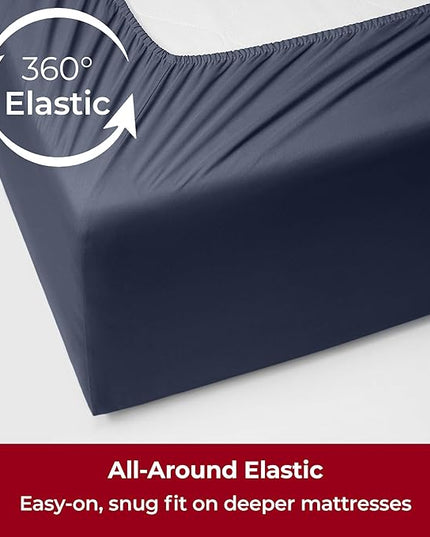 Mellanni Extra Deep Twin Sheets - 3 PC Iconic Collection Bedding Sheets & Pillowcases - Hotel Luxury, Ultra Soft, Cooling Bed Sheets - Extra Deep Pocket up to 21 inch (Twin, Navy Blue) - LeafyLoom