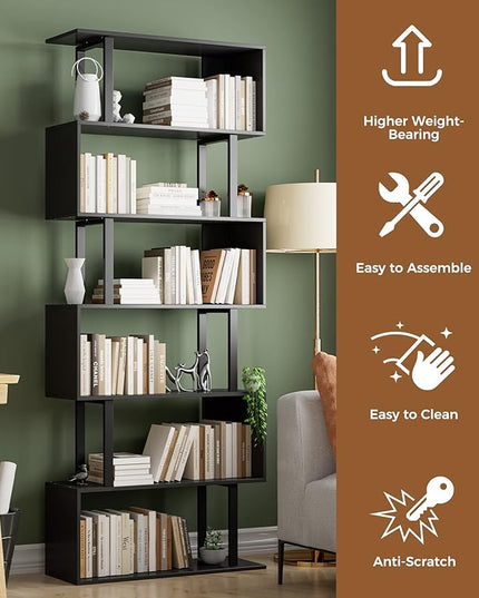 Gadroad 6 Tier Geometric Bookcase, Black Book Shelves, Modern Corner Bookcase Storage Shelf Wood for Bedroom, Living Room, Home Office, Black - LeafyLoom