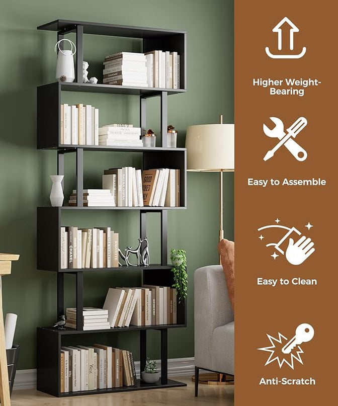 Gadroad 6 Tier Geometric Bookcase, Black Book Shelves, Modern Corner Bookcase Storage Shelf Wood for Bedroom, Living Room, Home Office, Black - LeafyLoom