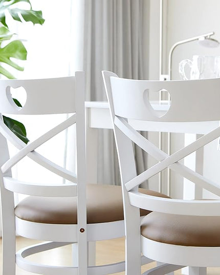 Livinia Heart X-Back Dining Chair Set of 2, Solid Malaysian Oak PU Leather Upholstered Cushion Seat Wooden Cross Back Side Chairs (White) - LeafyLoom