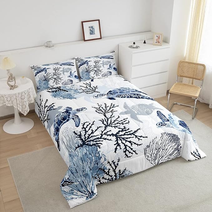Turtle Comforter Set Full,White Blue Hawaiian Turtle Bedding for Kids,Reptile Tortoise Quilt Duvet Set Coastal Beach Theme Comforter Retro Sea Turtle Bed Set for Boys Girls Bedroom Decor(Marine life) - LeafyLoom