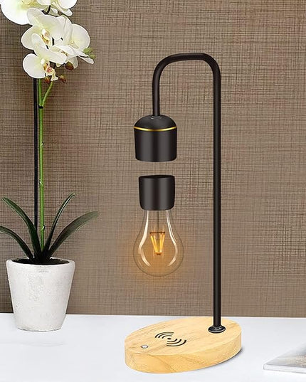 Magnetic Levitating Light Bulb Levitation Real Wood Black Floating Desk Lamp LED Night Lights with Luxury Wireless Charging Pad (Apple/Android) for Christmas Gift - LeafyLoom