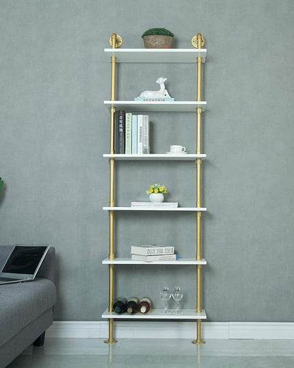 WGX Design For You Industrial 6-Tiers Modern Ladder Shelf Bookcase,Wood Storage Shelf,Display Shelving, Wall Mounted Wood Shelves(Gold) - LeafyLoom