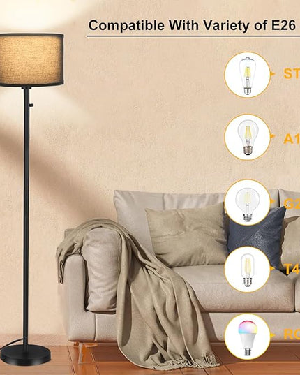 Floor Lamps for Living Room, Stepless Dimmable Standing Lamp, Modern Floor Lamp with Rotary Switch, Black Linen Shade, 9W Led Bulb Included(1000LM,2700K), Tall Lamp for Bedroom, Office, Farmhouse - LeafyLoom