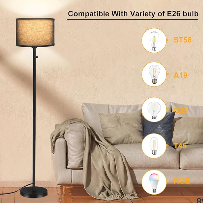 Floor Lamps for Living Room, Stepless Dimmable Standing Lamp, Modern Floor Lamp with Rotary Switch, Black Linen Shade, 9W Led Bulb Included(1000LM,2700K), Tall Lamp for Bedroom, Office, Farmhouse - LeafyLoom