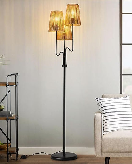 Boho Floor Lamp, 68in. Rattan Floor Lamp with Rattan Shade,3 Light Tree Standing Lamp for Bedroom,Nursery,E26 Socket, Living Room Floor Lamp for Rustic,Coastal, Beach or Bohemian Decor (Black) - LeafyLoom
