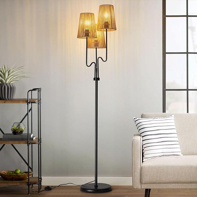 Boho Floor Lamp, 68in. Rattan Floor Lamp with Rattan Shade,3 Light Tree Standing Lamp for Bedroom,Nursery,E26 Socket, Living Room Floor Lamp for Rustic,Coastal, Beach or Bohemian Decor (Black) - LeafyLoom